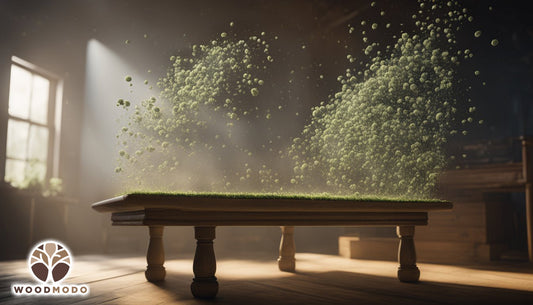 Mold grows on wooden furniture in a dimly lit room, with spores floating in the air
