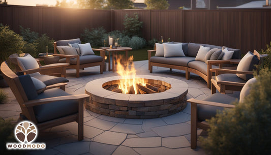 An outdoor fire pits with seating arranged in a circle on a patio, illuminated by soft ambient lighting