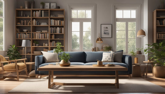 A cozy living room with a wooden coffee table and bookshelves