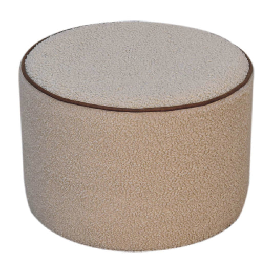 Boucle Round Footstool with Buffalo Leather Piping - IN3503-1