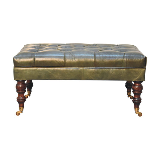 Buffalo Green Leather Ottoman with Castor Legs - IN3574-1